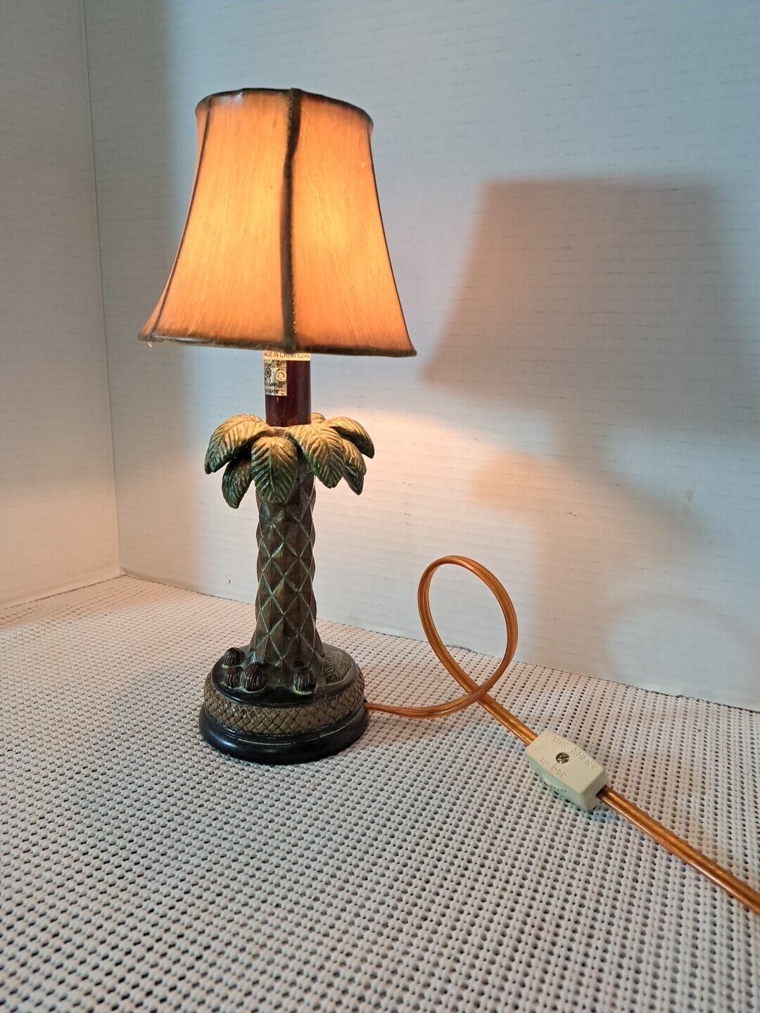 Vintage 2002 Brass? Coconut Palm Tree Table Lamp, Faux Bamboo Soft Shade