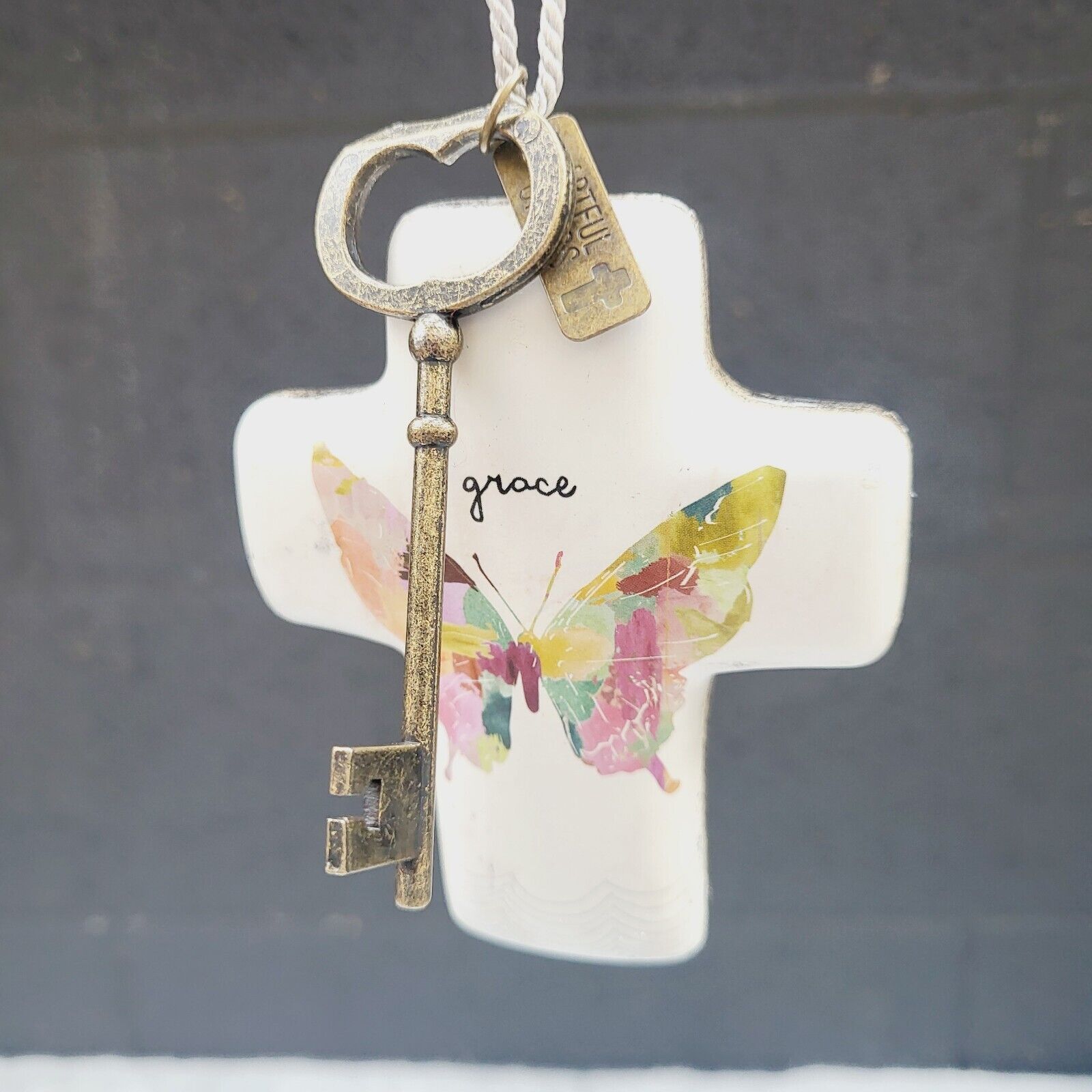 Grace by Amylee Weeks Colorful Butterfly Gold Lock & Key Ceramic Christian Cross