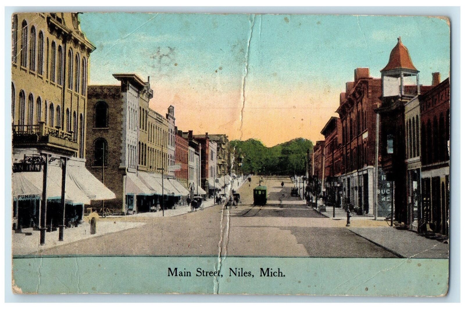 1940 Main Street Carriages Shops Scene Niles Michigan MI Posted Vintage Postcard