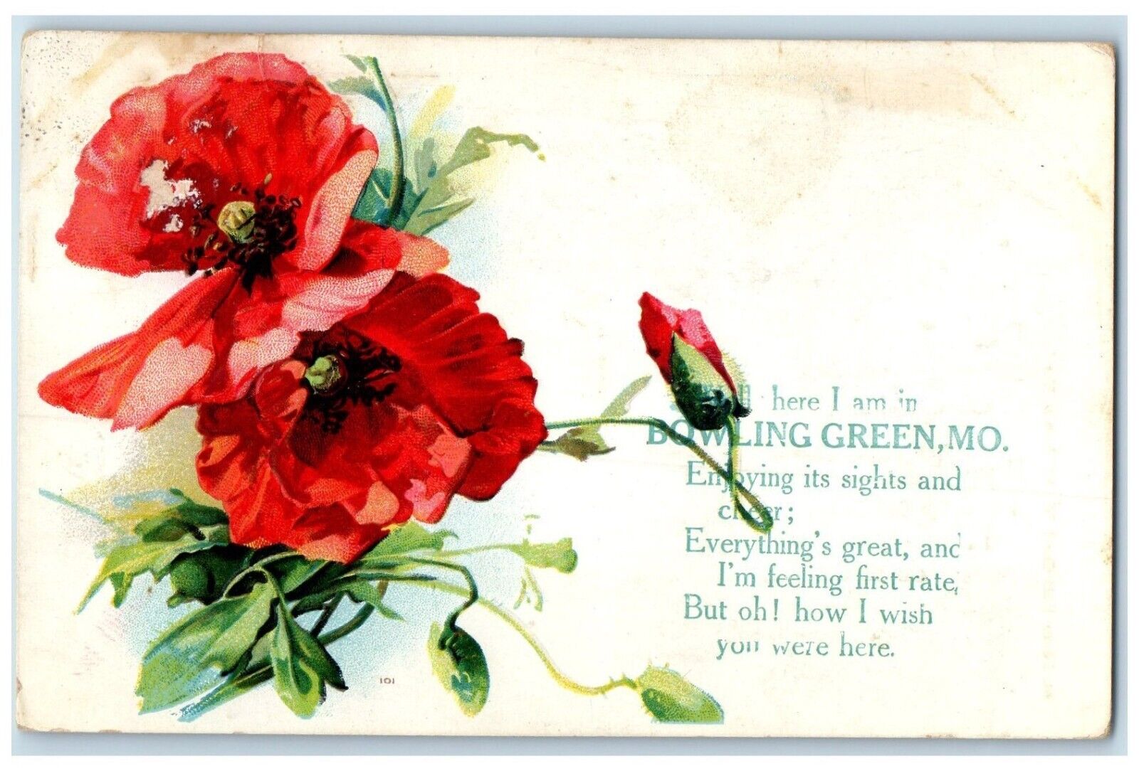 1909 Well Here I am Flower Embossed Bowling Green Missouri MO Vintage Postcard