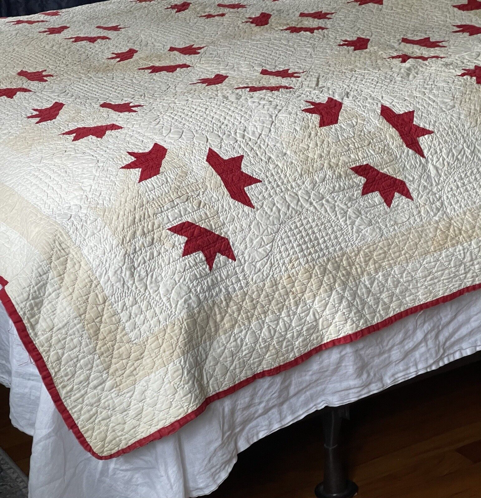 Antique 1800’s Red/Warm White Hand Stitched Medallion Quilt Geometric Pattern