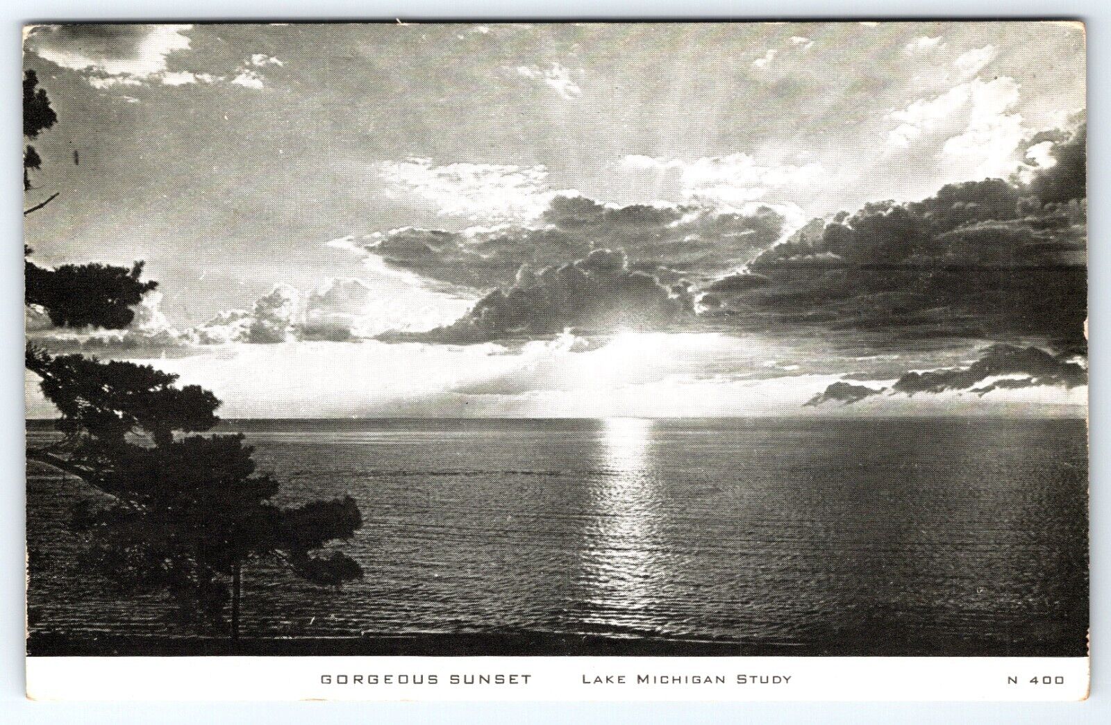 Gorgeous Sunset Lake Michigan Study B&W DB Postcard