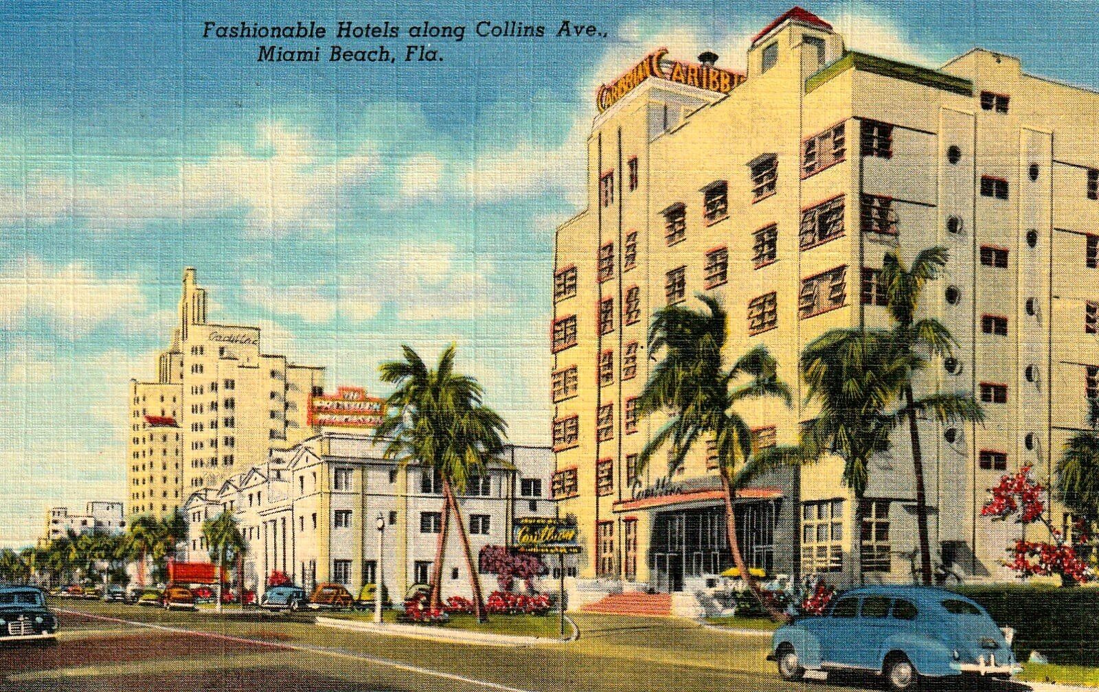 Fashionable Hotels on Collins Ave. Miami Beach, Florida Vintage Linen Postcard
