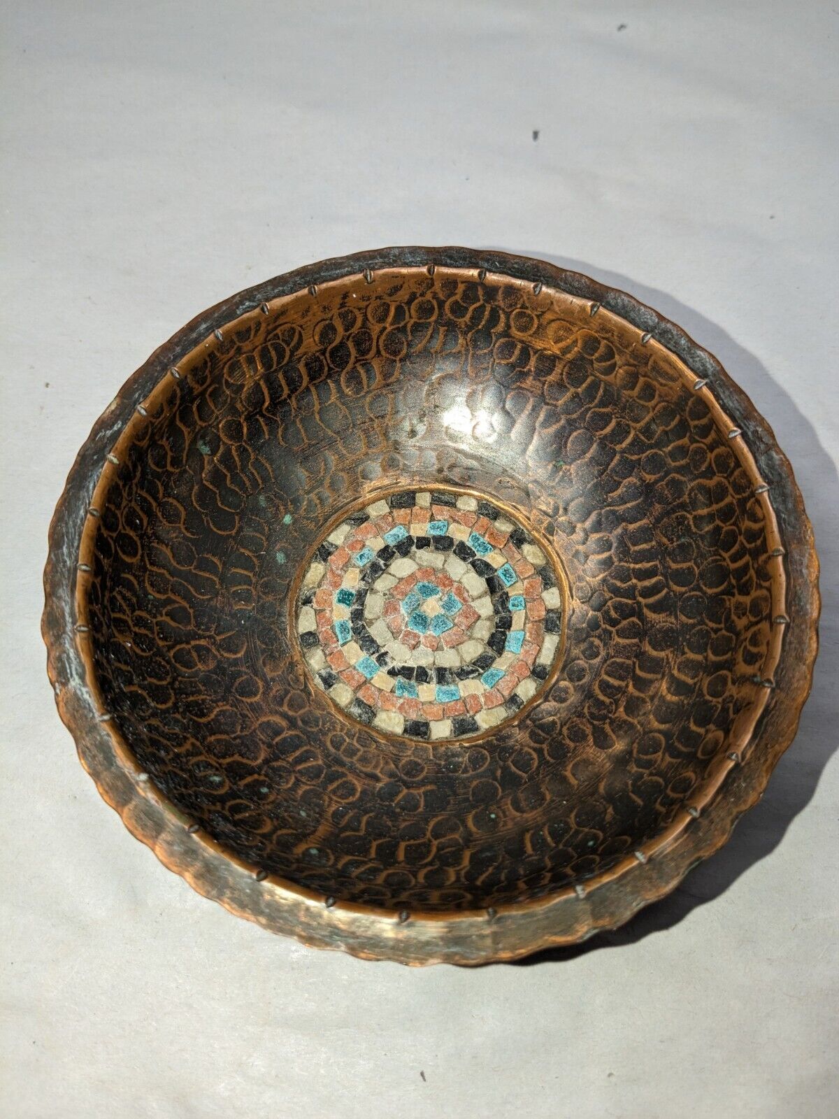 David Malka (Israel) Small Hammered Copper Bowl Mosaic Cut Stone Signed Vintage 
