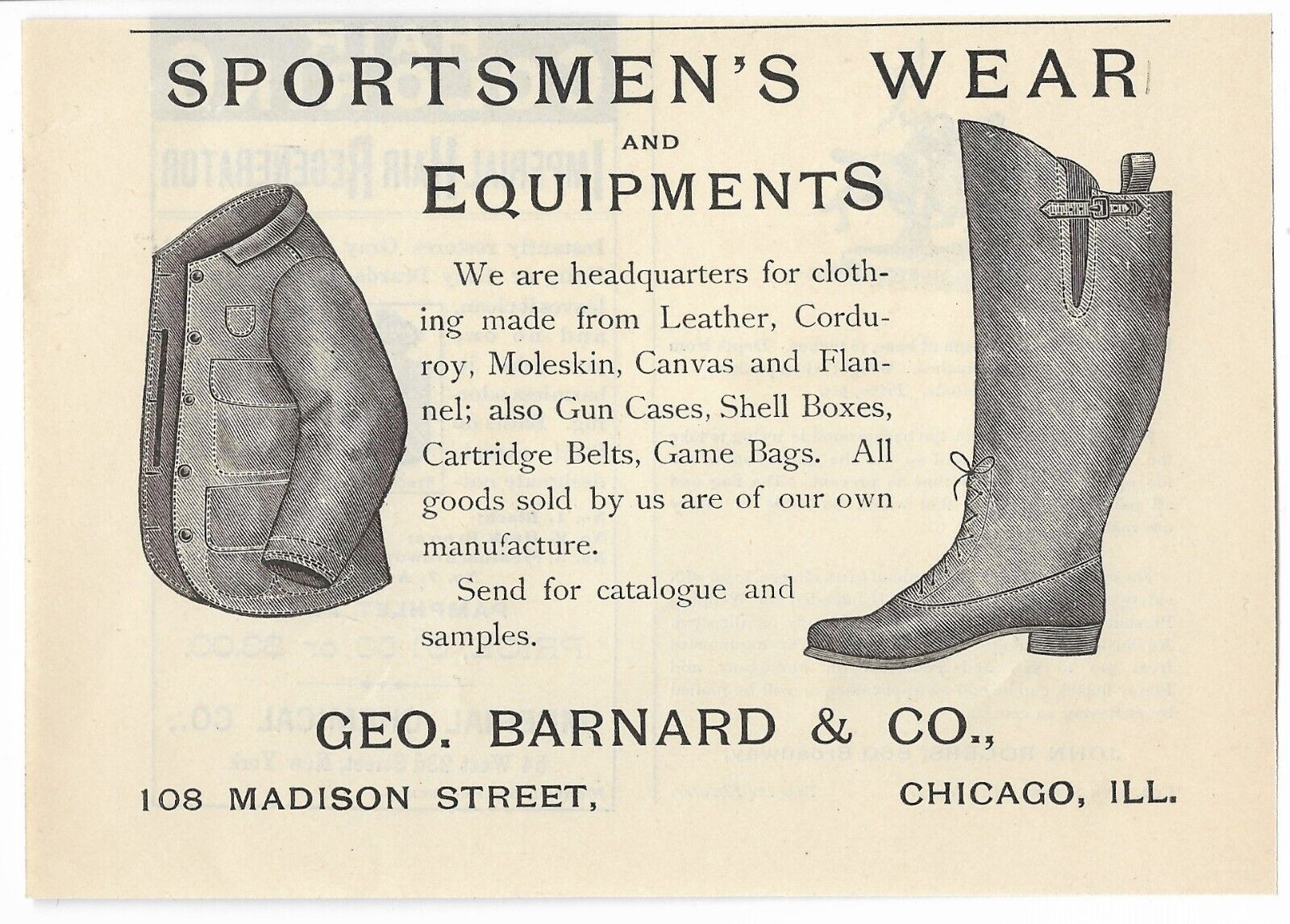 Antique 1800\'s Sportsmen\'s Wear & Equipments Geo Barnard & Co  Chicago - 1888 AD