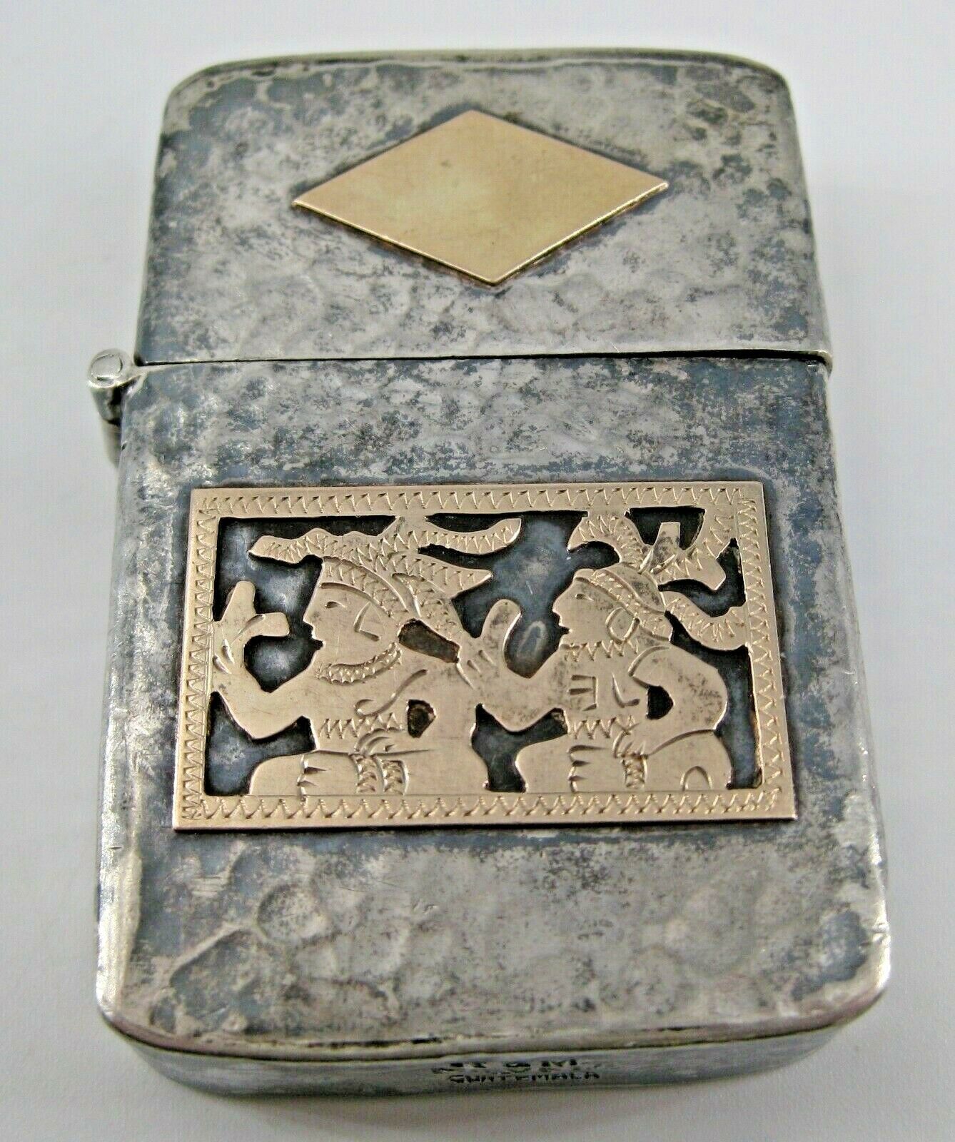 900 Coin Silver Cigarette Case Holder Gold tone Mayan Details R & M Guatemala 