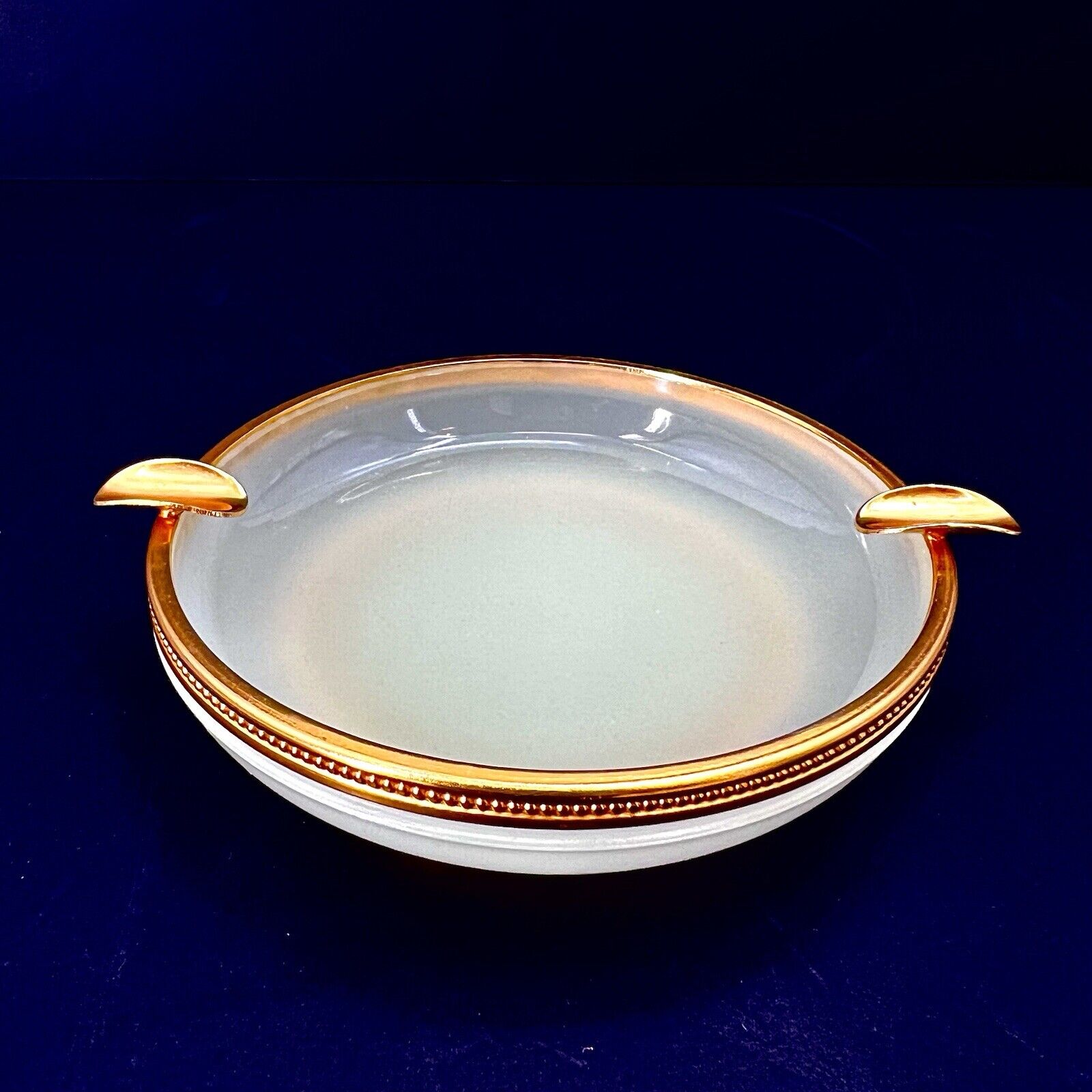 Vintage French Opaline Glass Ashtray with Gold Tone Gilt Trim