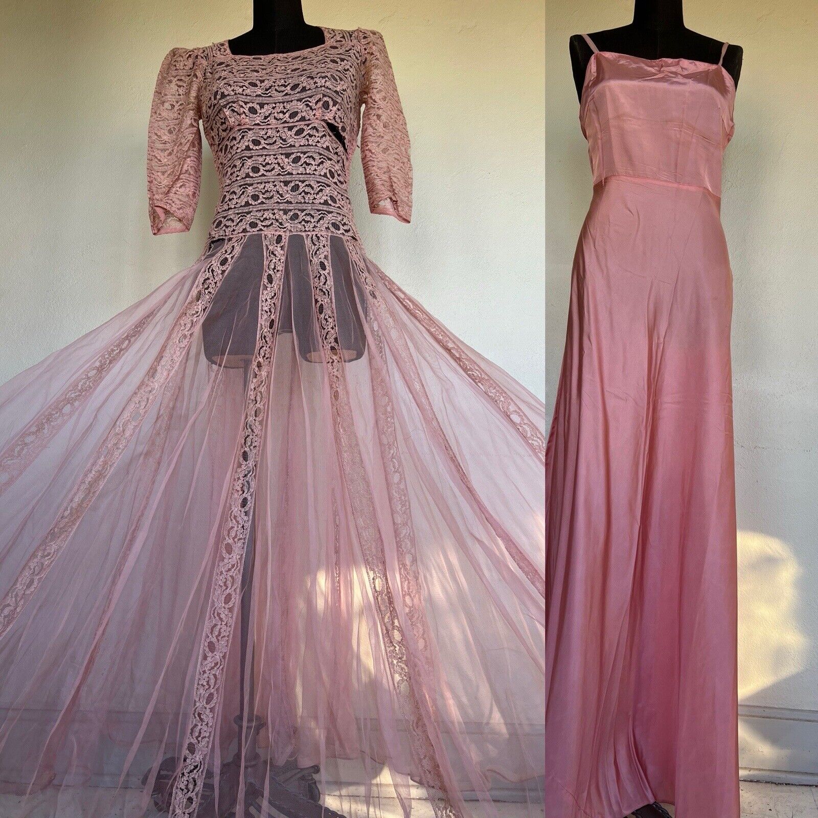 Vtg Chantilly Lace Embroidery Tulle Peach Pink Long Full Sweep Gown w/ Petticoat