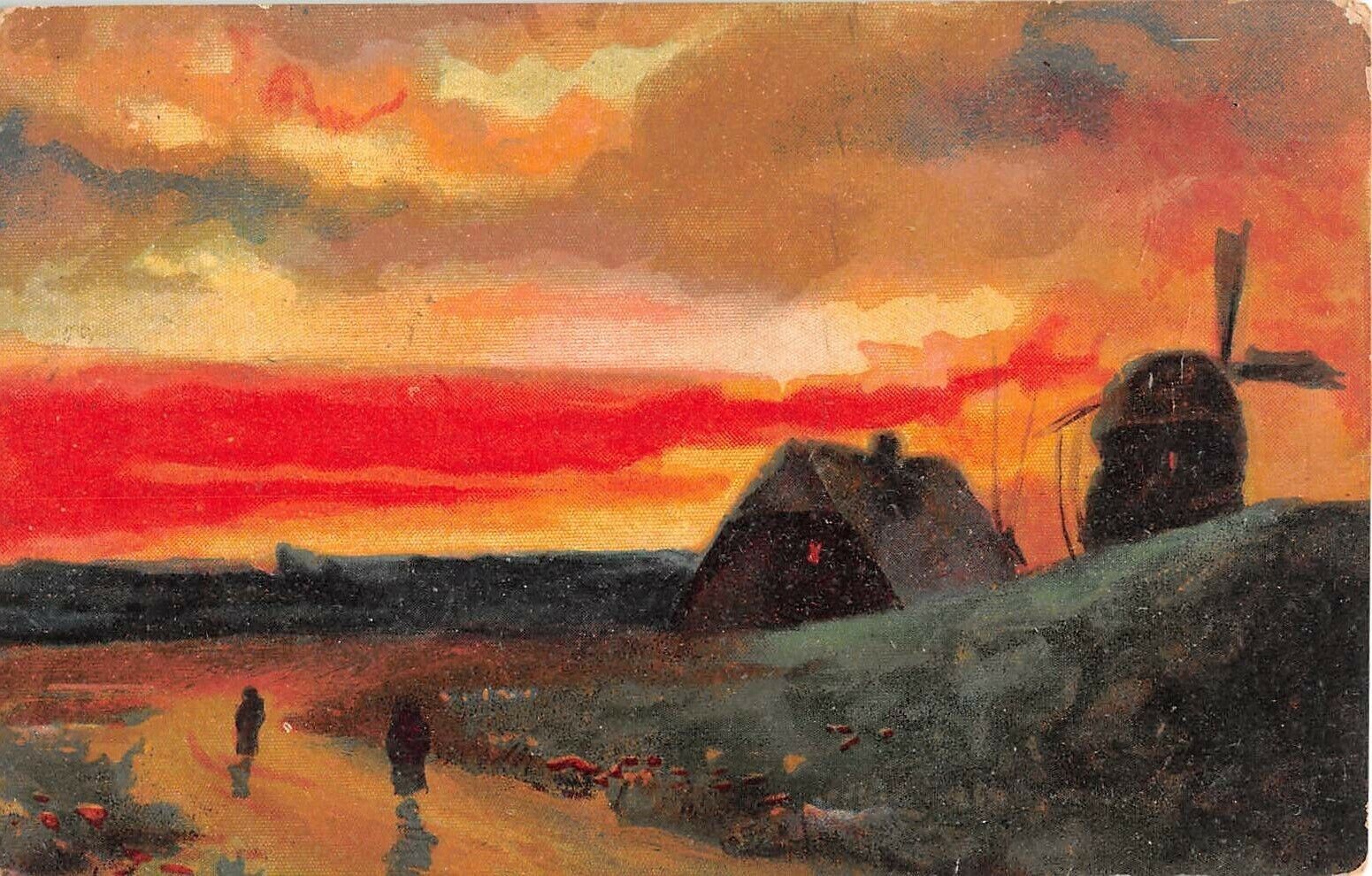 1908 Sunset Scene of People Walking Country Road Past Windmill & Home-No. 301