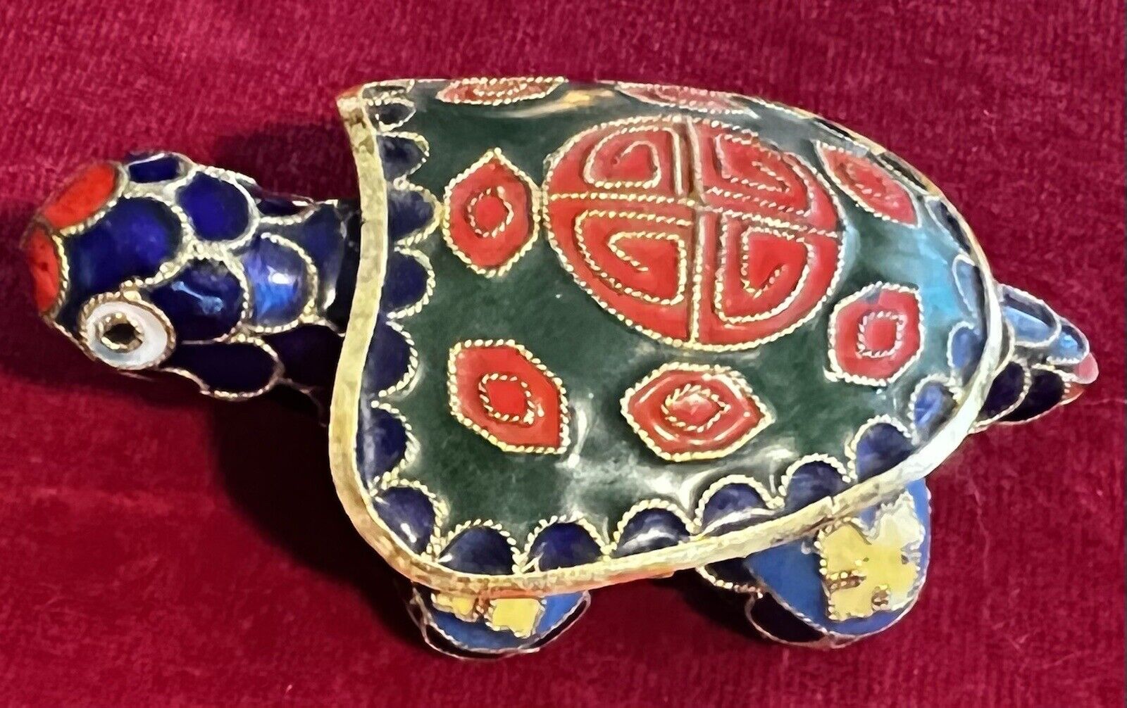 Cloisonné Turtle Trinket Box Oriental Treasures Tortoise Green & Blue