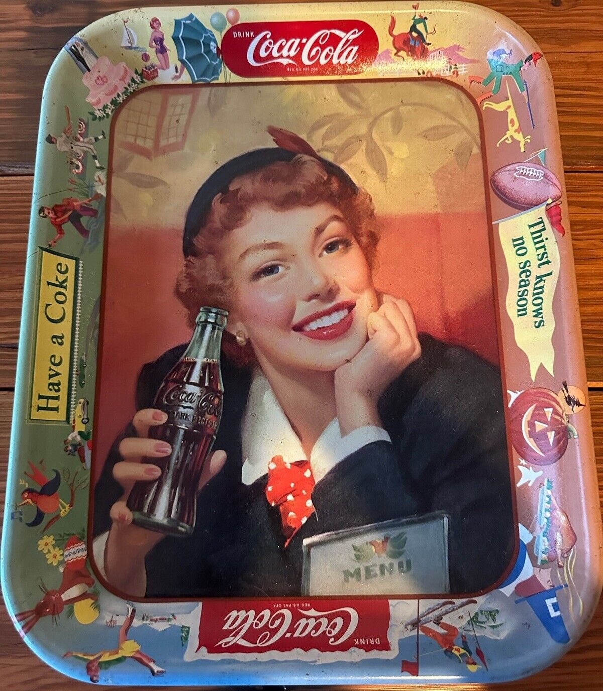 Original 1950\'s Metal Coca Cola Serving Tray Menu Girl Thirst Knows No Season