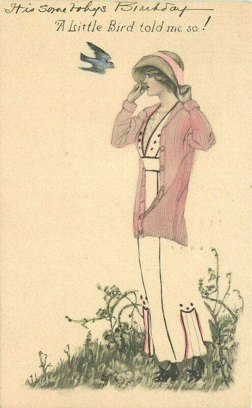 1923 Pretty Woman Birthday Bluebird artist impression Postcard 21-11469