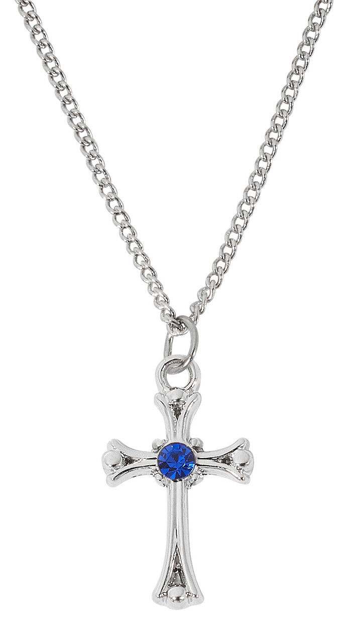 Sapphire Stone Cross 16-18in Rhodium Plated Adjustable Chain Religious Pendant