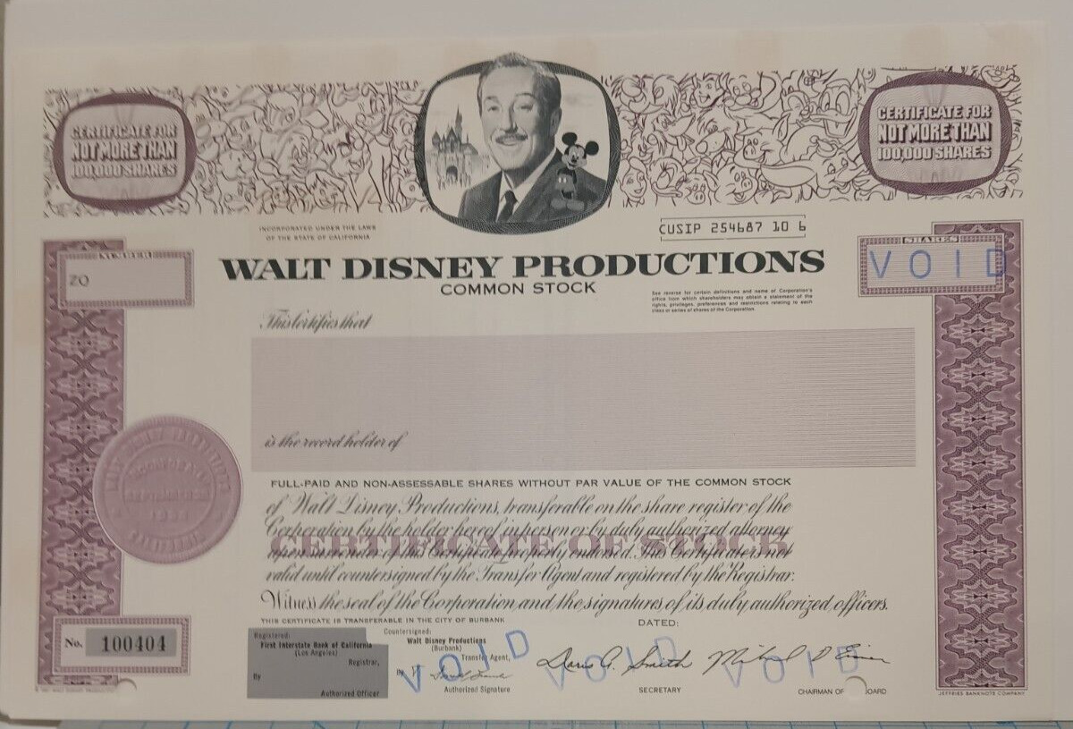 Disney Prod Stock Certificate 1967