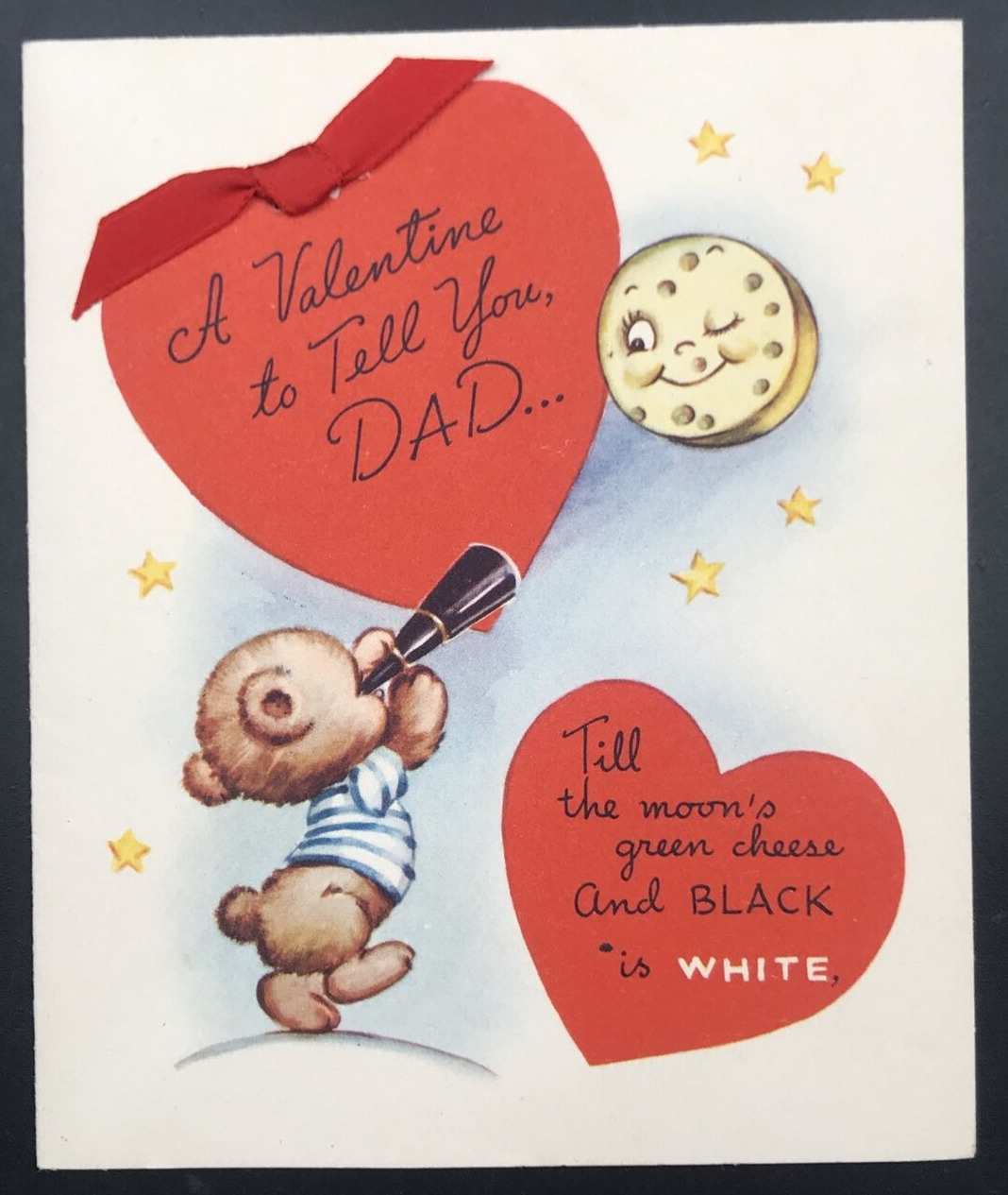 VTG 1948 Rust Craft Bear Cheese Moon w/ Telescope Dad Valentine\'s Greeting Card