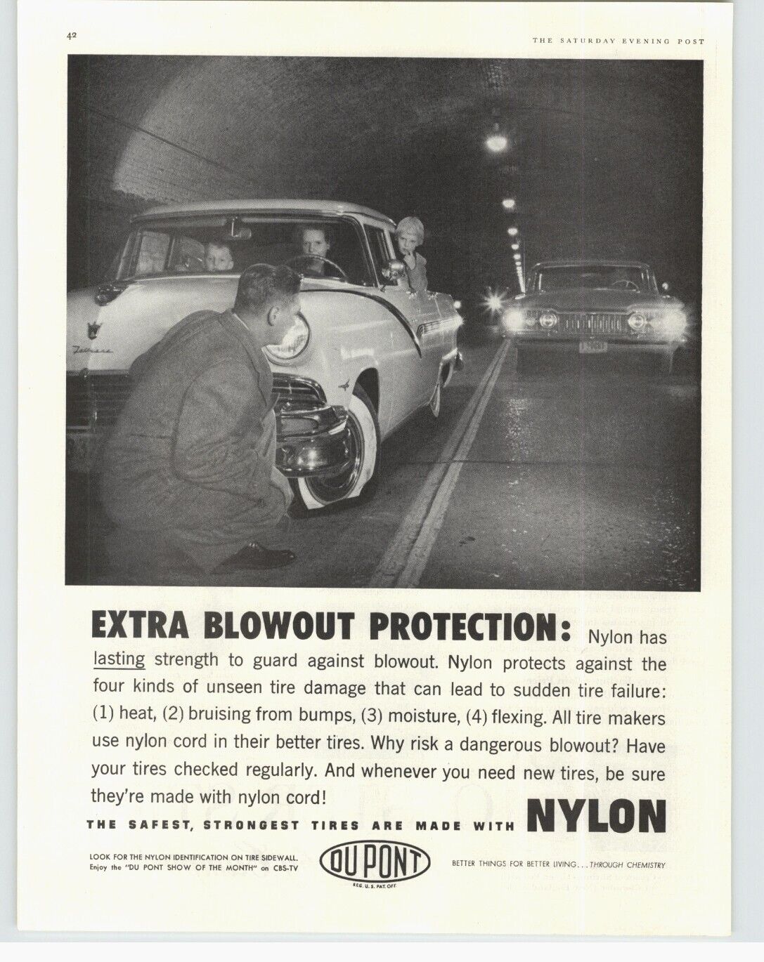 1959 DuPont Tires Made With Nylon Vintage Print Ad Car Flat Tire In Tunnel Photo