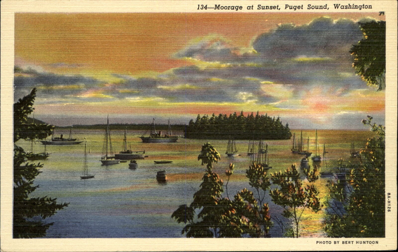 Moorage at Sunset Puget Sound Washington WA sailboats yachts 1940s