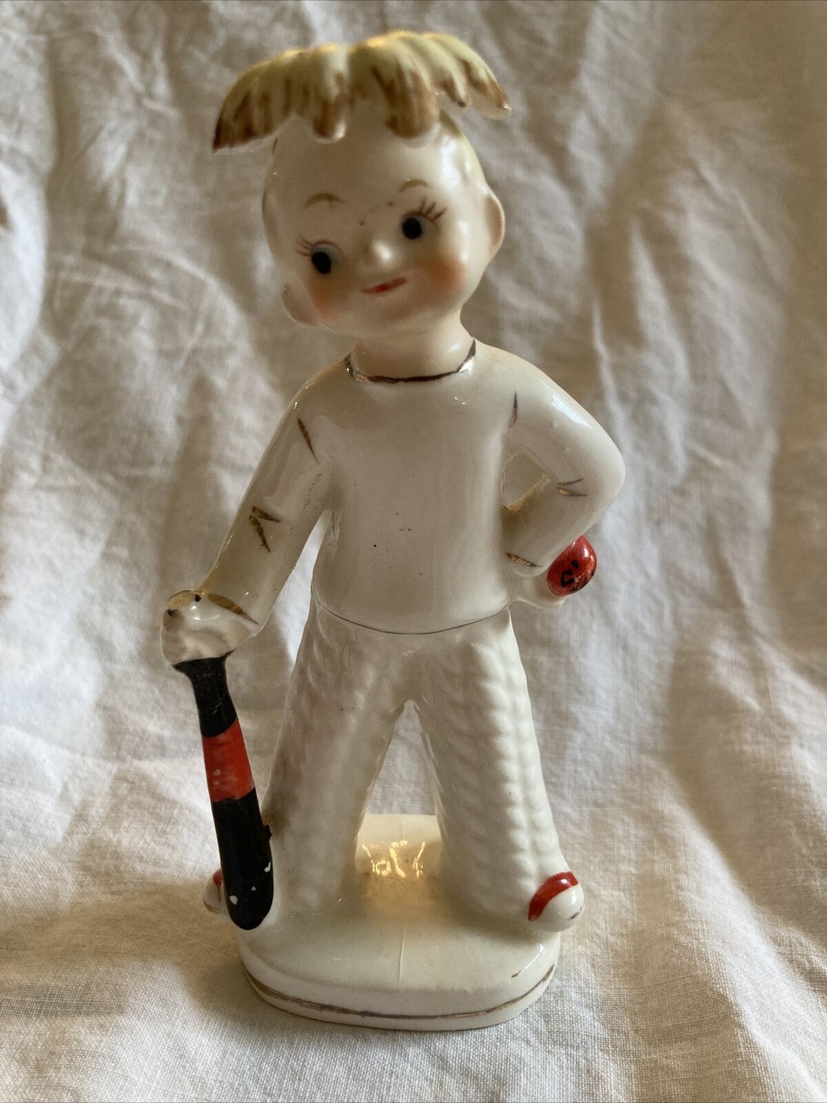 Vintage Camille Naudot Baseball Player Ceramic Boy Figurine Flower Cricket