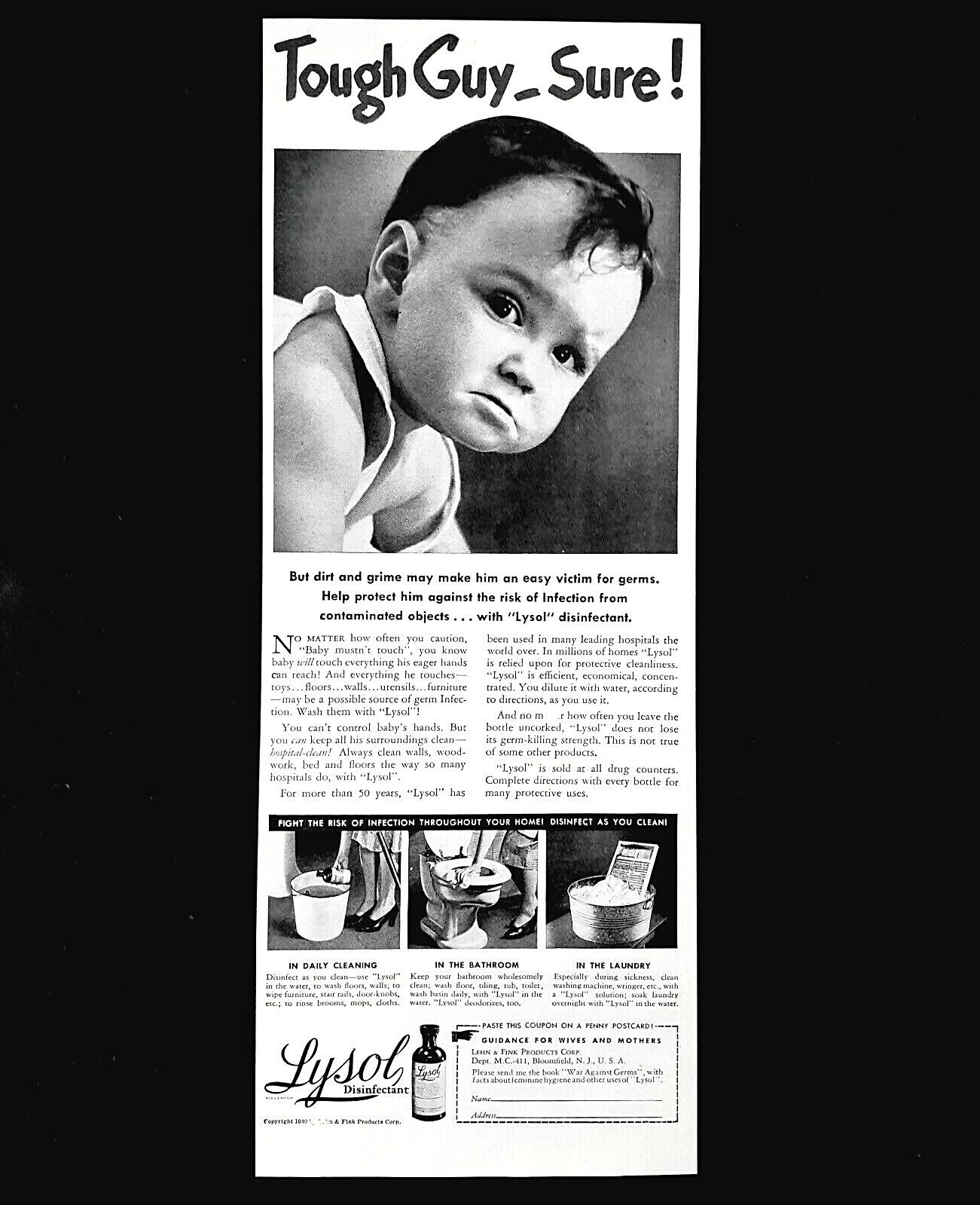 Lysol disinfectant ad vintage 1940 original half page advertisement