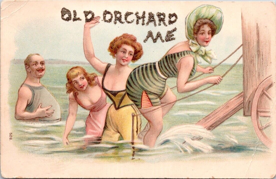 Antique old orchard beach glitter postcard bathing beauties smacking butt