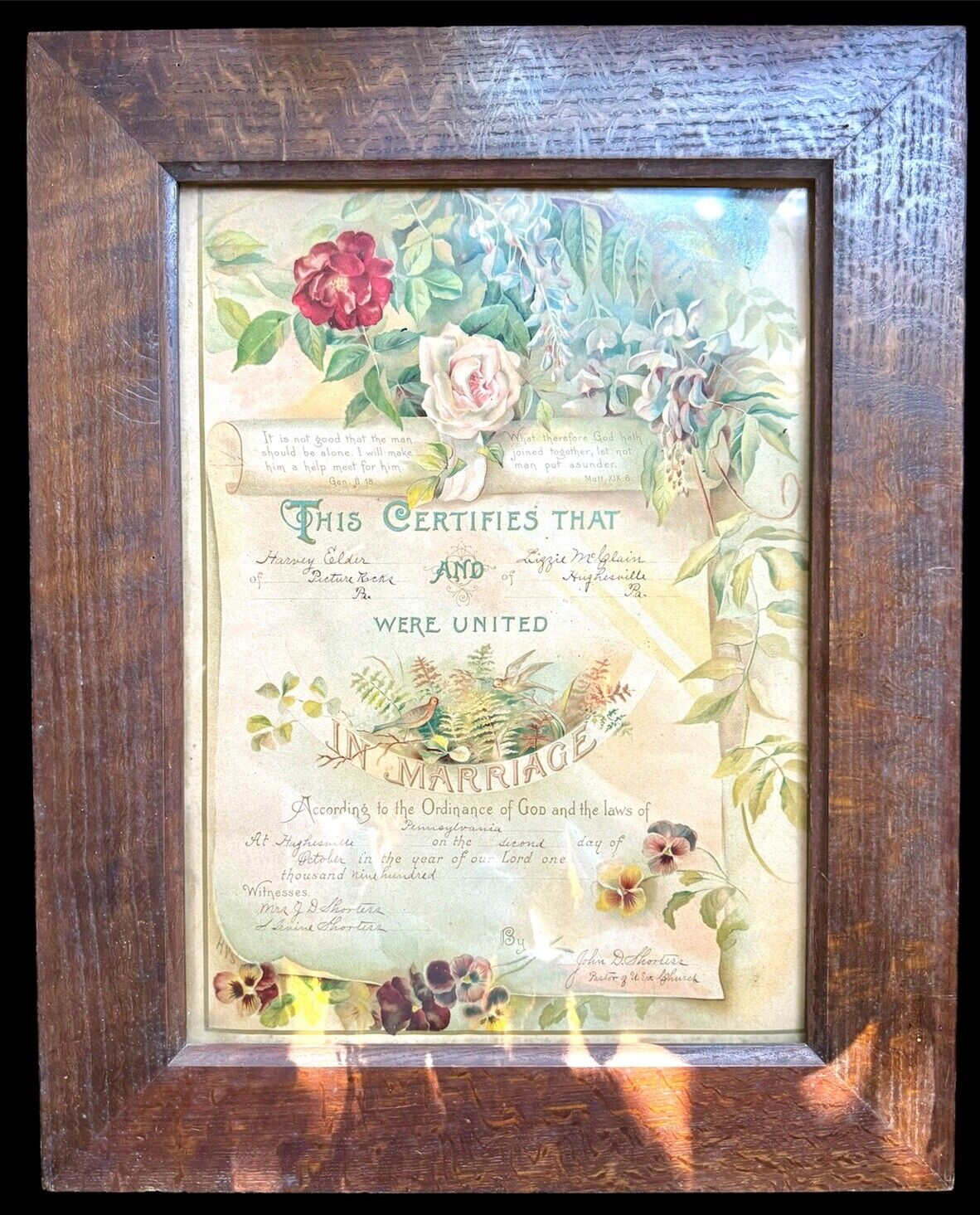 Antique Original Victorian Wood Framed Marriage Certificate 1900 Lithograph