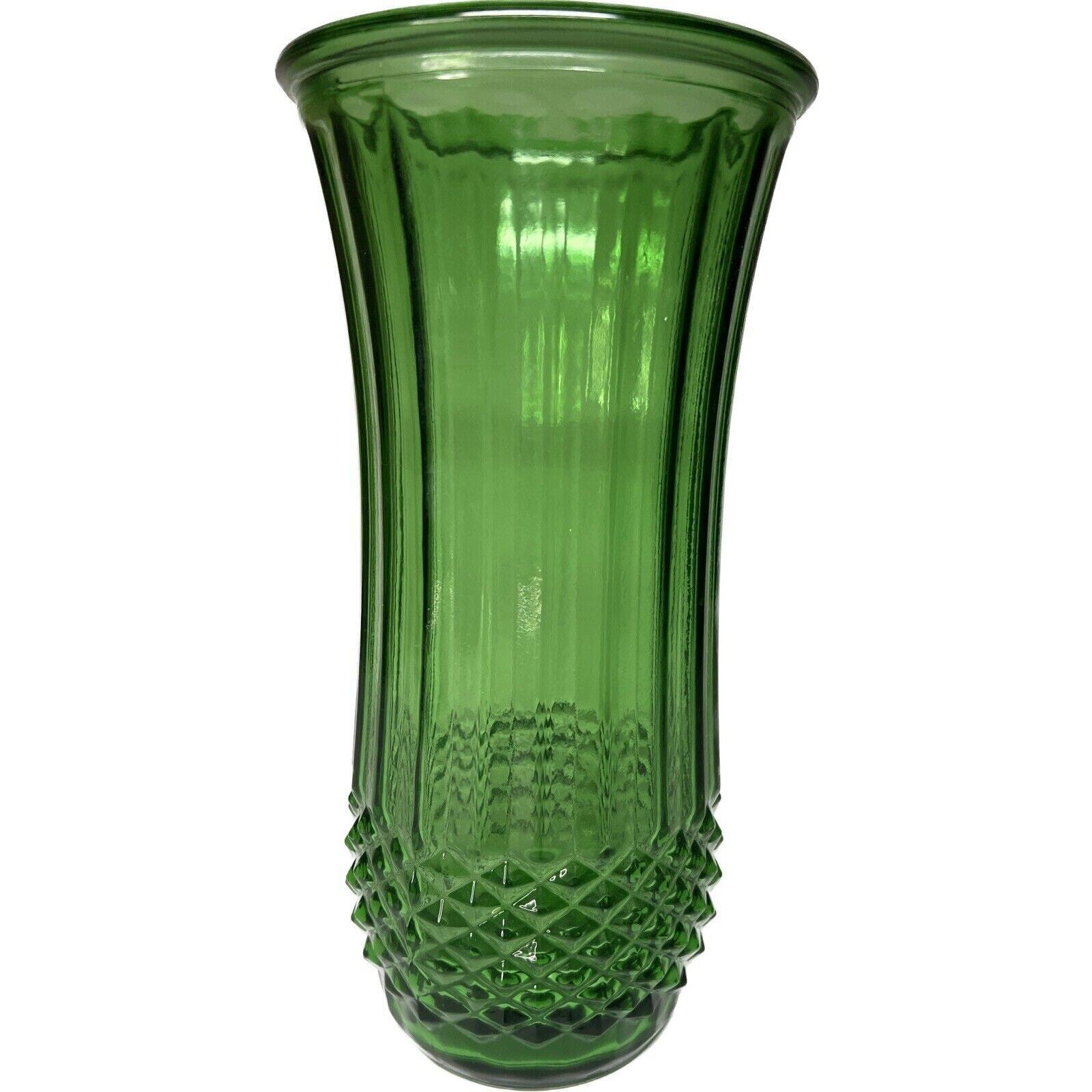 Vintage HOOSIER Glass Emerald Green Glass Hourglass Vase 9.5” Diamond Cut 4089-A