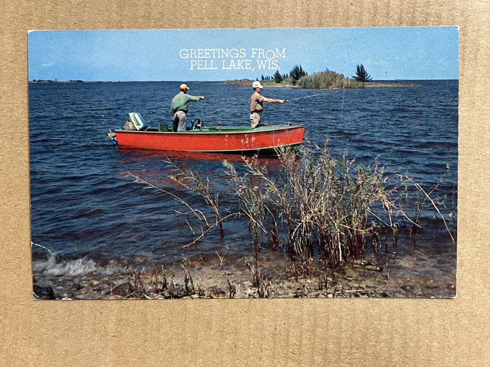 Postcard Pell Lake WI Wisconsin Scenic Greetings Fishing Boat Vintage PC