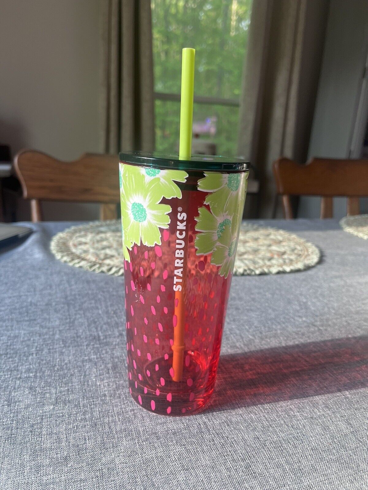 Starbucks Floral Strawberry Flower Red Glass Cold Cup Tumbler & Straw 18 oz