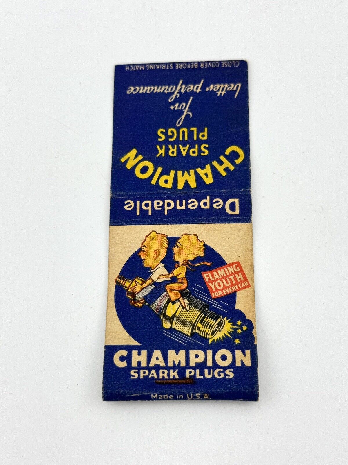 Matchbook Cover CHAMPION SPARK PLUGS FLAMING - Gas Oil Auto nascar Ad advert