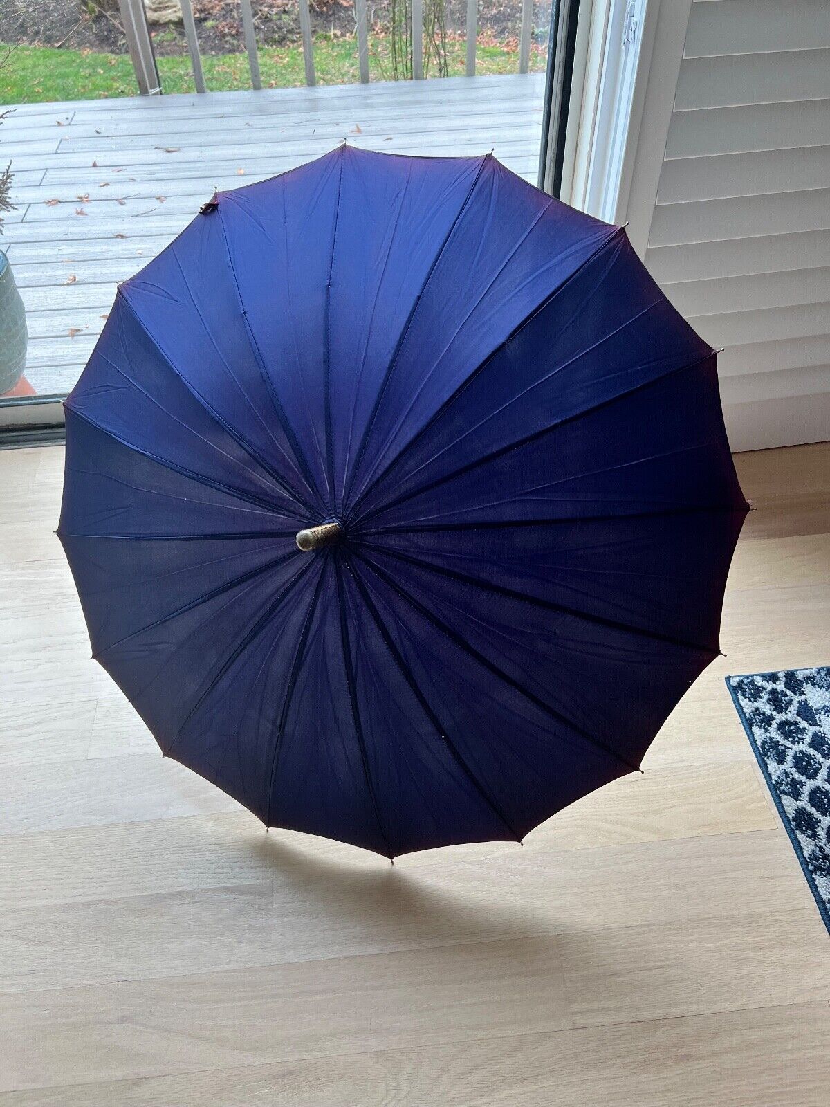 Vintage Purple/blue Umbrella Parasol With gold handle and trim with cover & loop