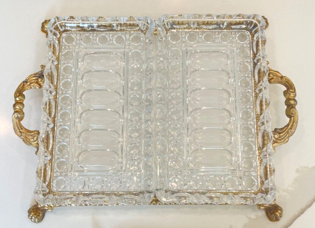Vintage Hollywood Regency Two Part Lead Crystal Tray with Gold Footed Stand