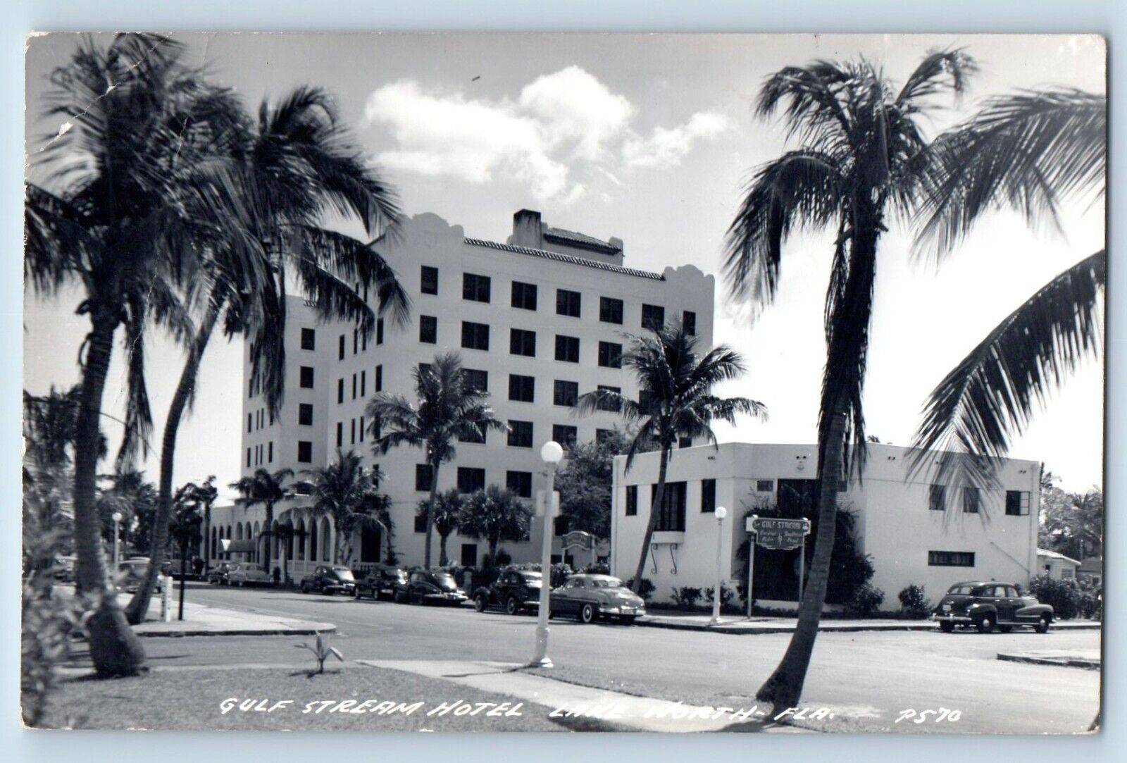 Lake Worth Florida FL Postcard RPPC Photo Gulf Stream Hotel Building Cars Scene