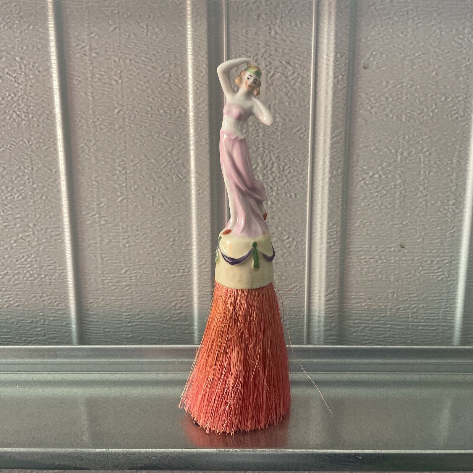 Antique Art Deco Flapper Porcelain Half Doll Vanity Dresser Clothes Brush PINK
