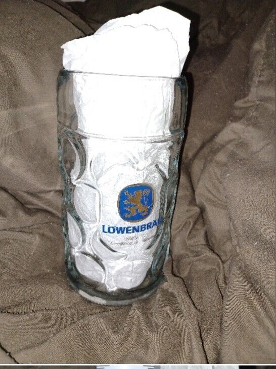 Large Lowenbrau 1 Liter Dimpled Glass Beer Stein Mug 