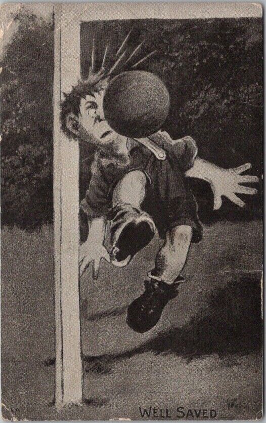 1910s FOOTBALL / SOCCER Sports Comic Postcard / GOALIE Goalkeeper / Ball in Face