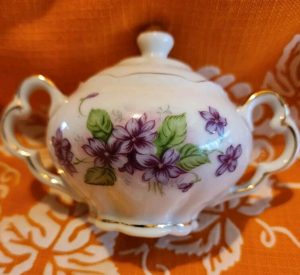 Lefton Hand Painted China Sugar Bowl Violets Gold Trim Mini Vintage Floral 