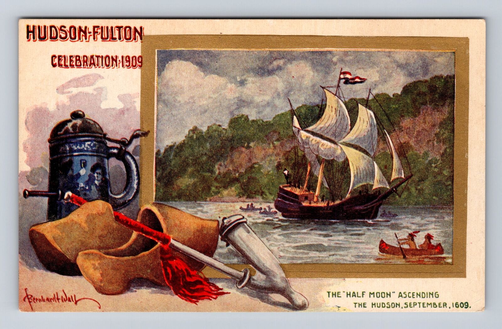 New York-Hudson Fulton Celebration, Half Moon Ascending Vintage Postcard