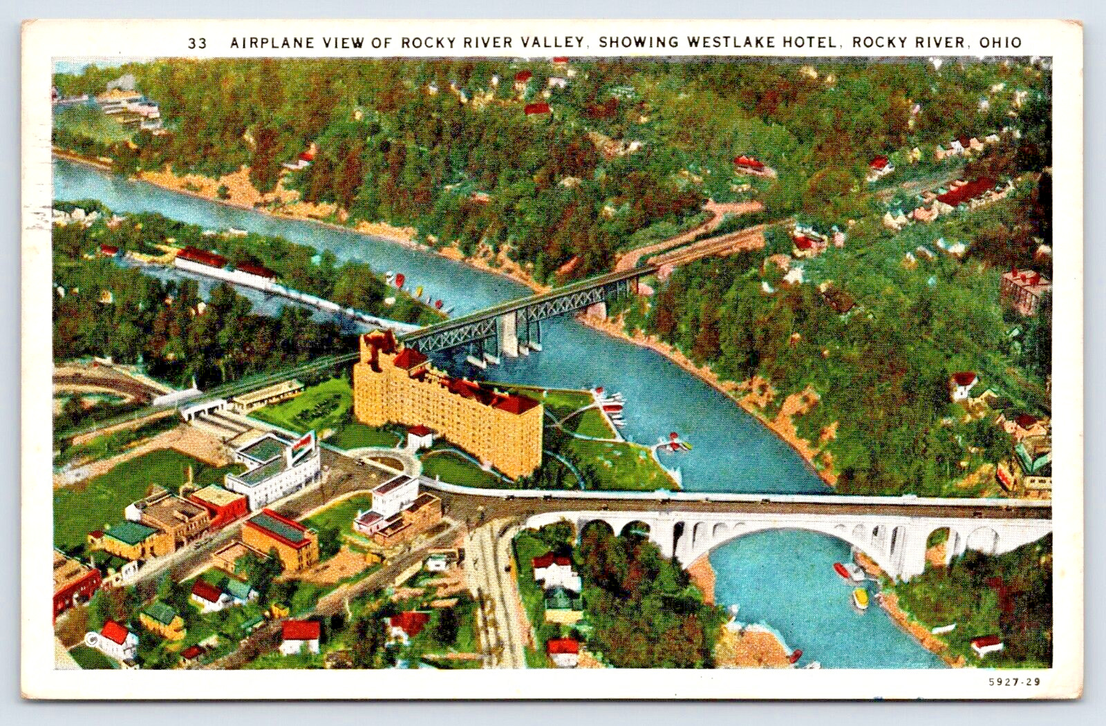 Postcard 1932 Rocky River Ohio Airplane View Westlake Hotel Stadium Bridge A17
