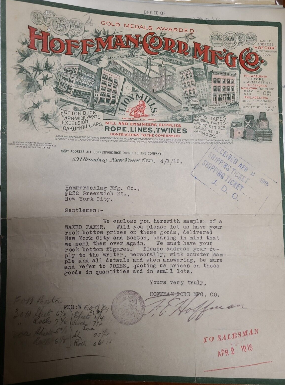 1915 Antique Document, Hoffman-Corr Co., Lion Mills, Broadway NYC, Signature  *5