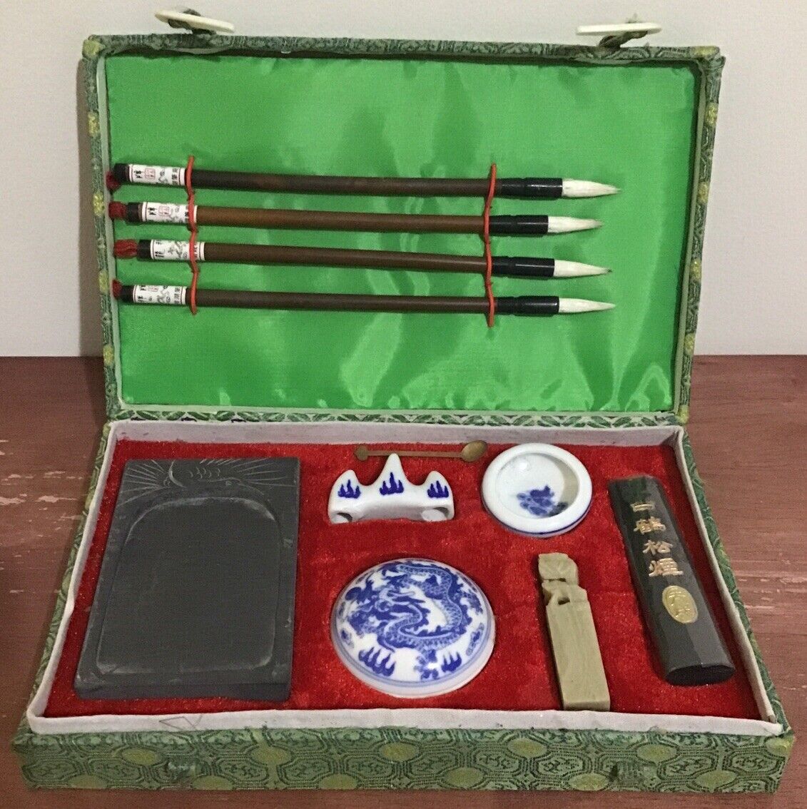 Vintage Oriental Artistic Calligraphy Set - 3 Brush Pens, Seal, Ink, More