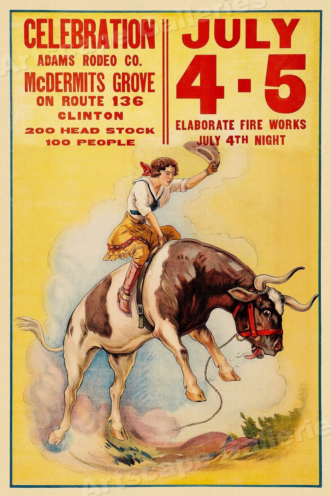 1930s Western Adams Rodeo Celebration Steer Bronc Riding Poster - 24x36