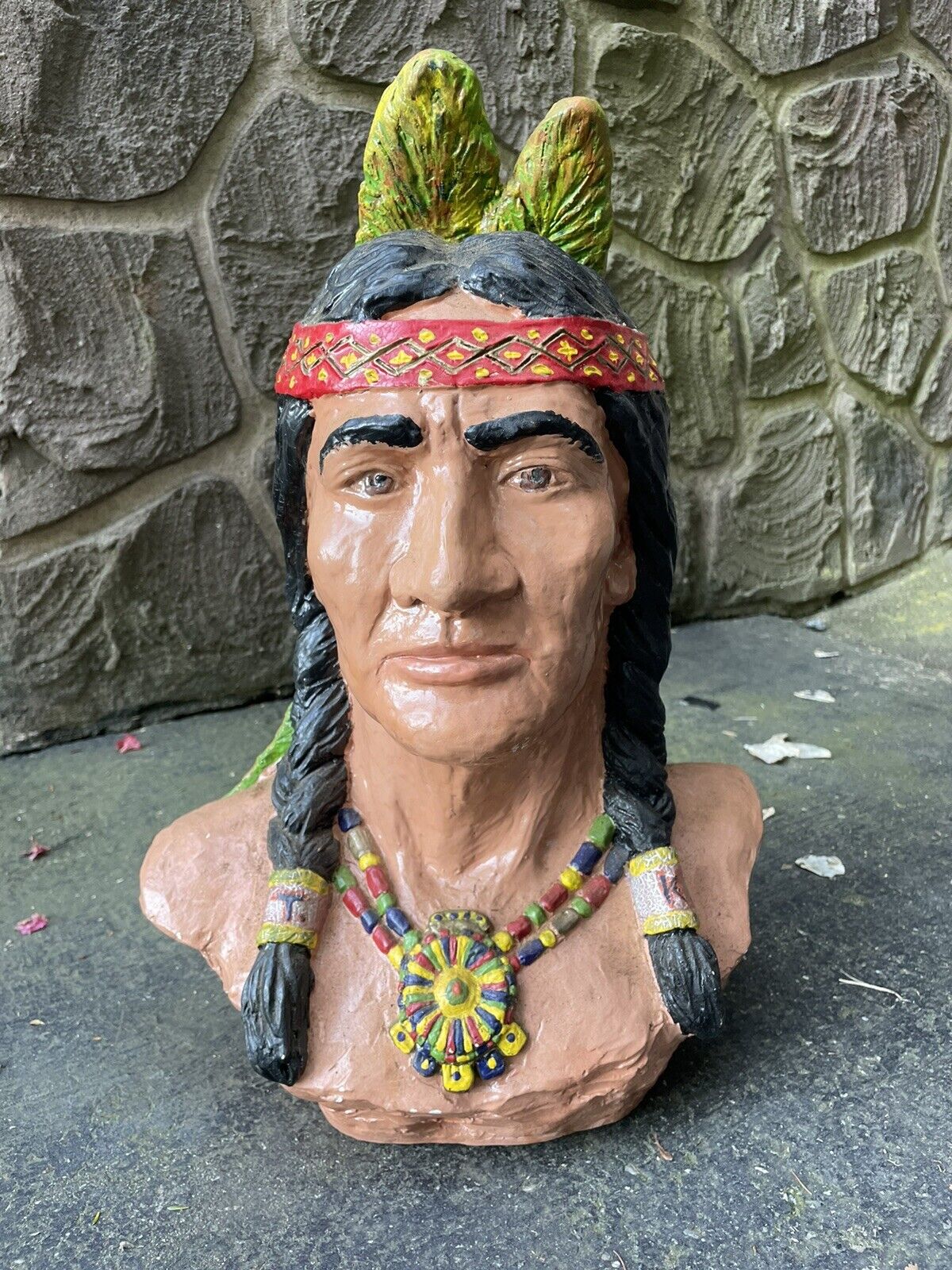 Vintage Native American Indian Hand Painted Chalkware/Plaster Bust COLORFUL 20”