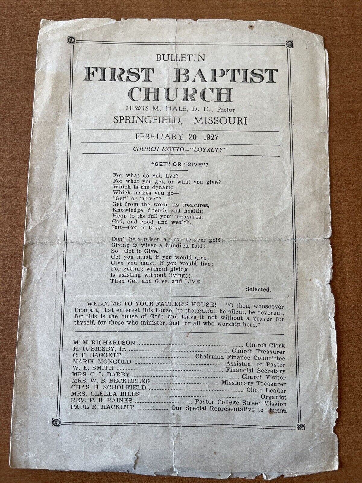 First Baptist Church Springfield Missouri Bulletin & News February 1927
