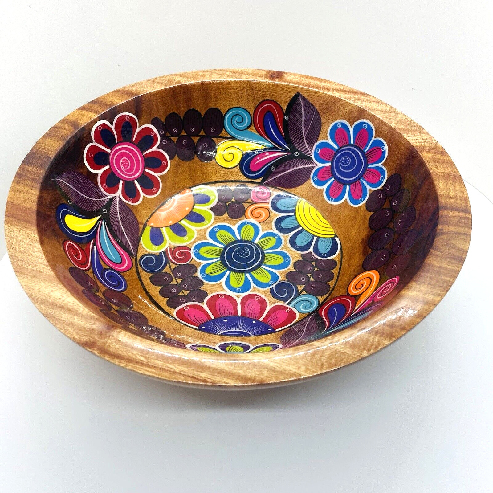 Mexican Folk Art Hand Painted Floral Design Bowl Wood Glossy Finish 10.5\