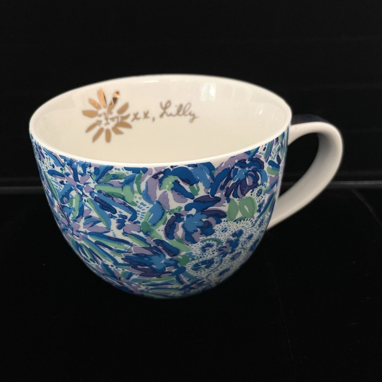Lilly Pulitzer Ceramic Mug Cup Floral Hidden Lion Cat Blue Purple Gold Trim 12oz