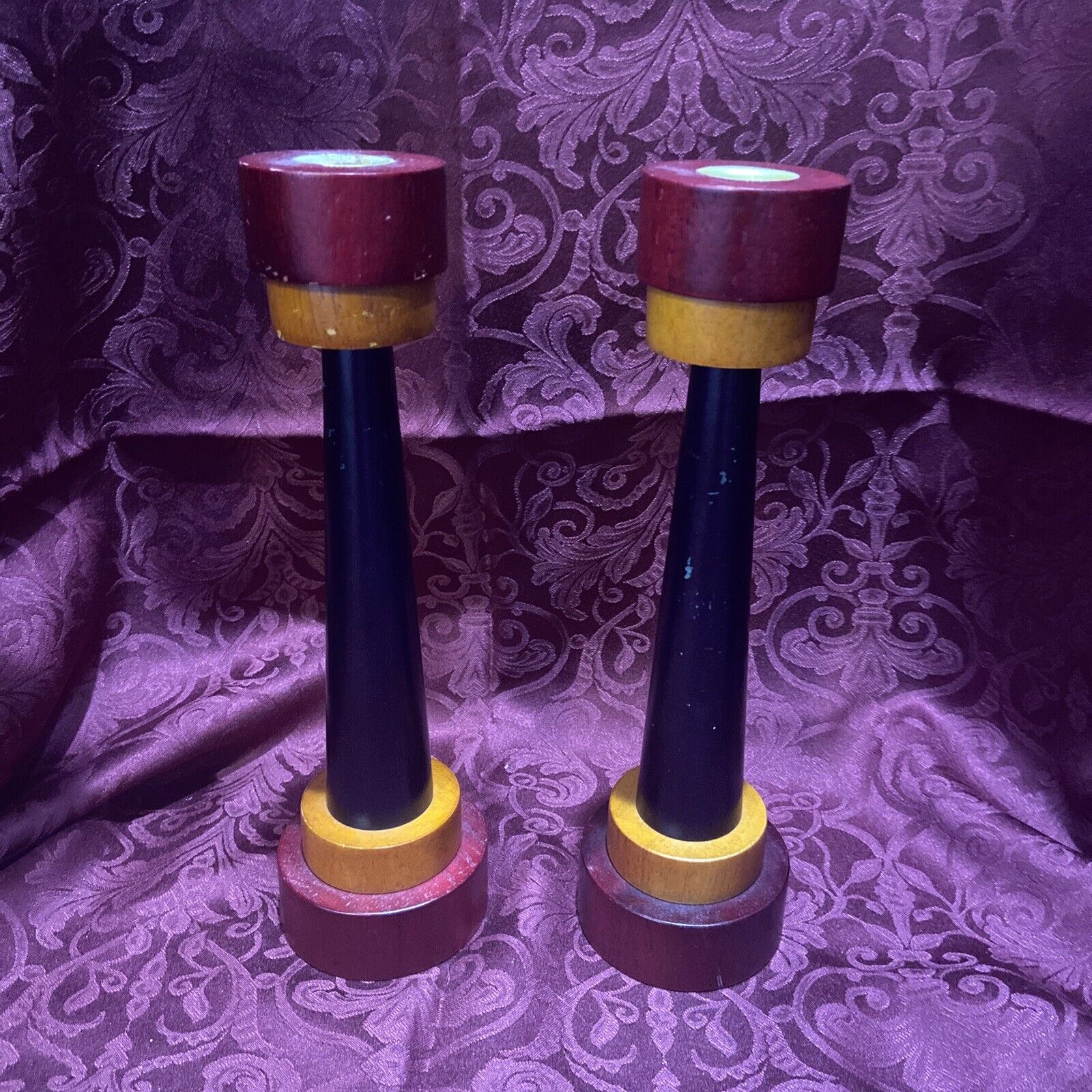 vintage tricolor red,yellow,blue wood candle holders 