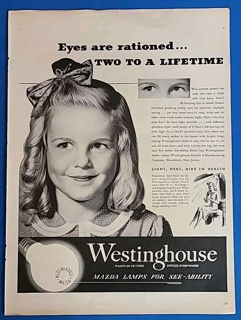 1945 Westinghouse Mazda Lamps Vtg 1940\'s Magazine Print Ad Eyes are rationed...