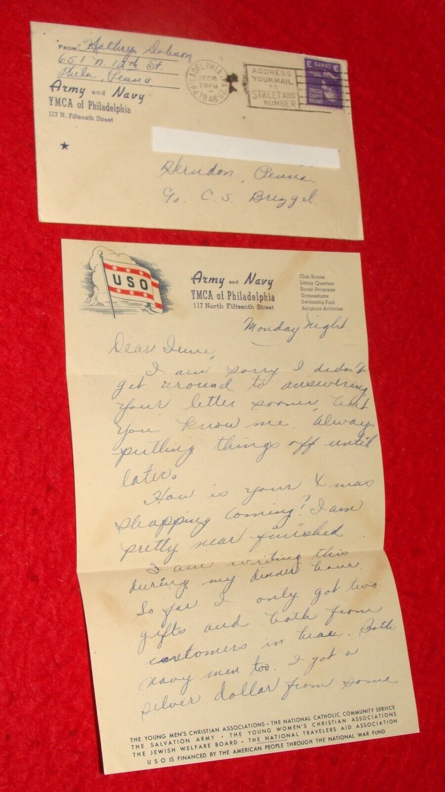 Vintage 1946 Letter USO Army & Navy YMCA of Philadelphia w/ Envelope - Post WWII