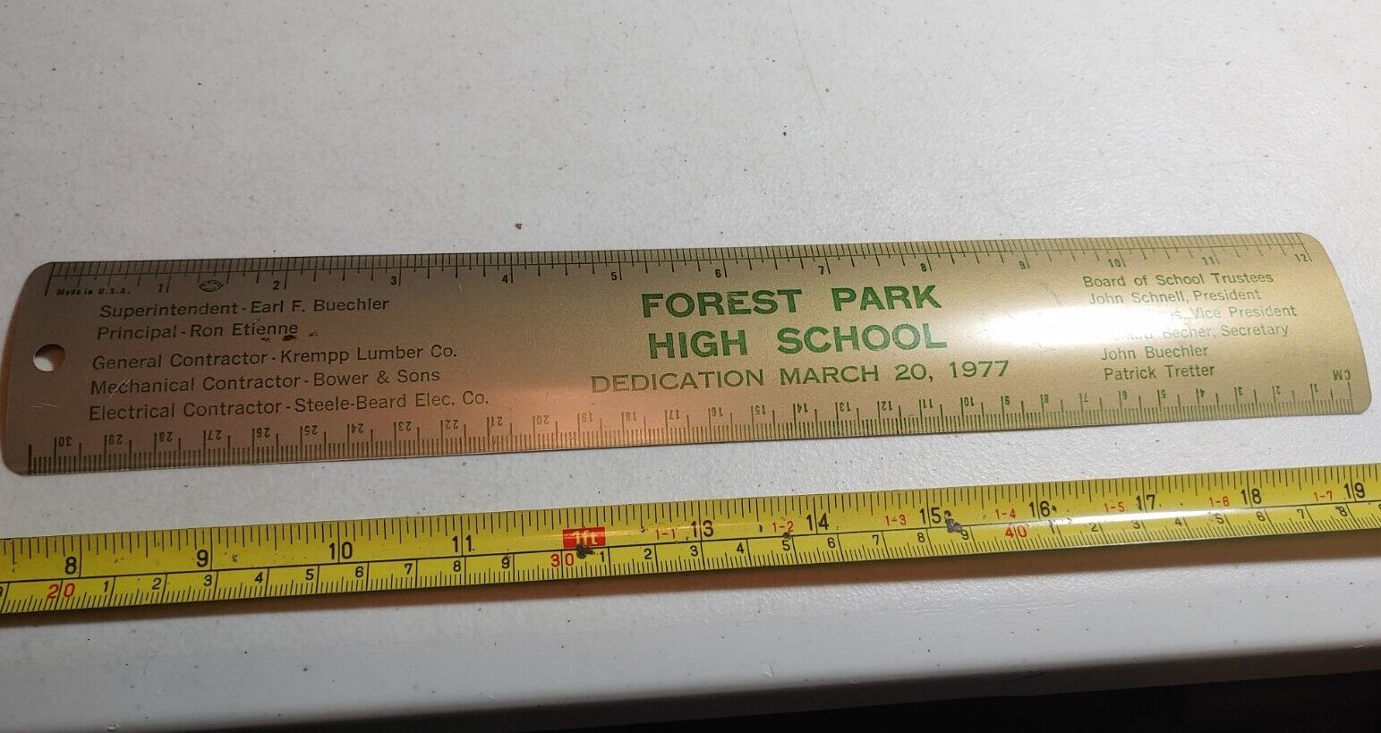 Vintage 1977 Forest Park High School Krempp Lumber Bower & Sons Metal Ruler