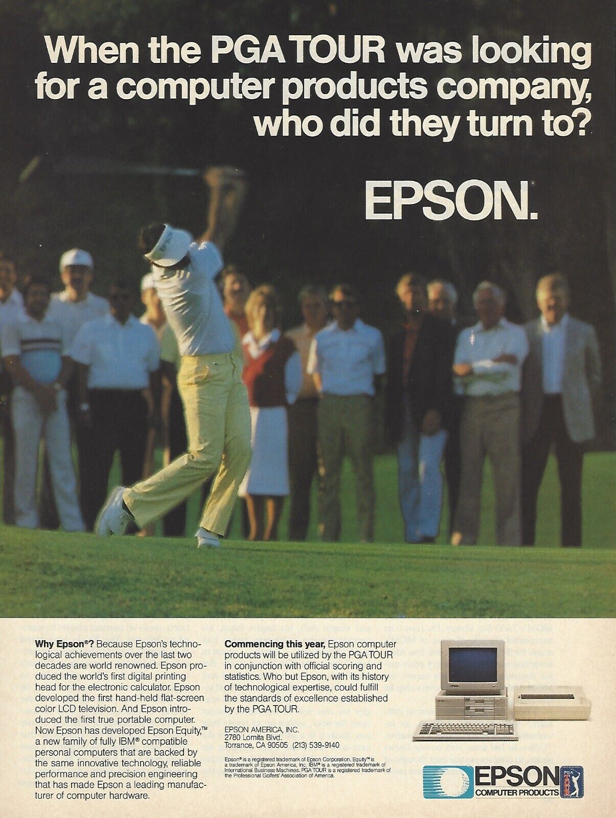 1986 Epson Computer Products PGA Tour Golf vintage print ad 80's advertisement